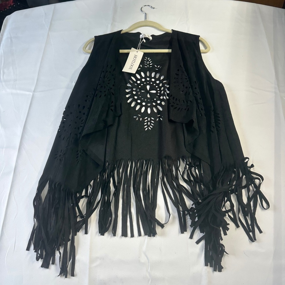 Hotloox Womens Faux Suede Fringe Vest Black Laser Cut Eyelet Boho Open Front L